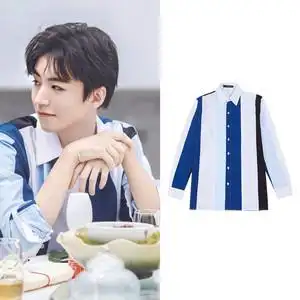 王俊凯同款衣服恰好是少年条纹拼色长袖衬衫男款宽松休闲上衣