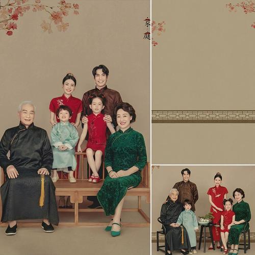 全家福工笔画古装新中式三代同堂国学美学影楼婚纱摄影拍摄背景布