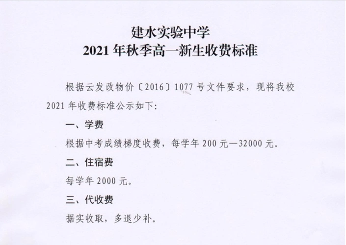 2021年云南建水实验中学高三复读收费标准公示