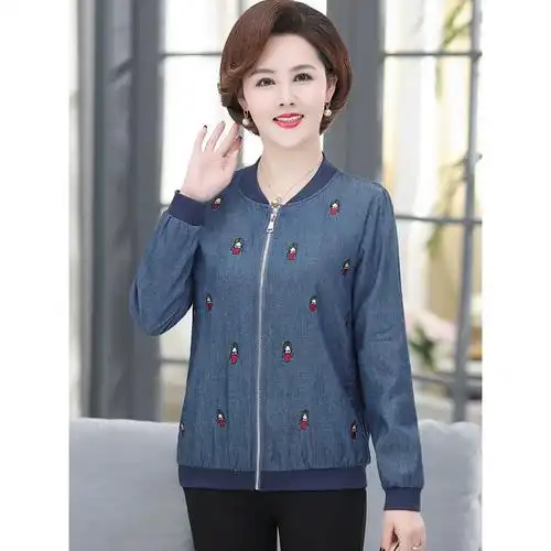 妈妈春装牛仔夹克中年女40岁洋气休闲长袖上衣中老年女装春秋外套