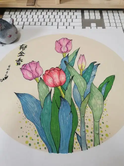 创意美术彩色线描花卉郁金香