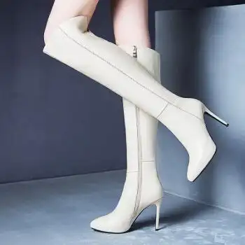 高端真皮长靴女细跟高跟靴子牛皮骑士靴女靴侧拉链过膝长筒靴 白色 34