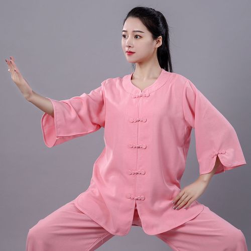太极服女夏季棉麻中袖中国风葫芦扣中老年太极拳晨练武术练功服装薄荷