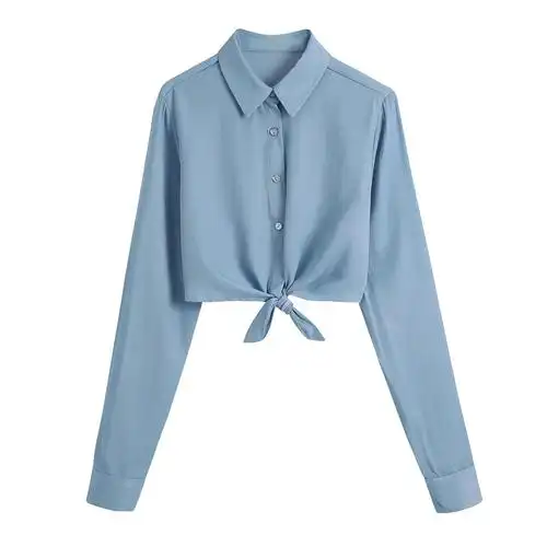 气质淑女风长袖翻领打结牛仔短衬衫女春秋款上衣宽松显瘦纯色开衫