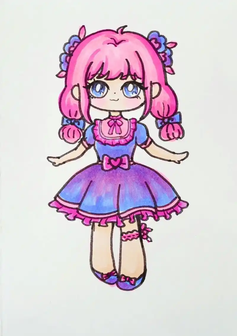 q版可爱女孩简笔画教程.一起来画q版可爱粉头发小女孩#画画 - 抖音