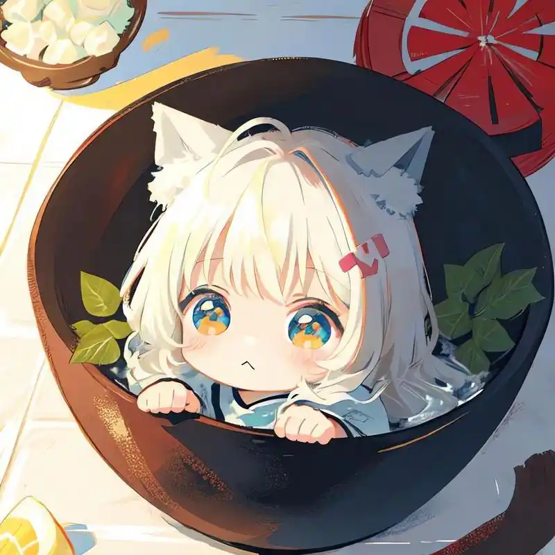 在碗里的q版可爱猫耳女孩头像06|粉彩画 78可自行拿图自用 78