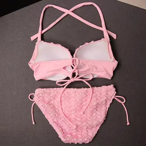 定制粉色蕾丝比基尼泳衣加厚三点式聚拢