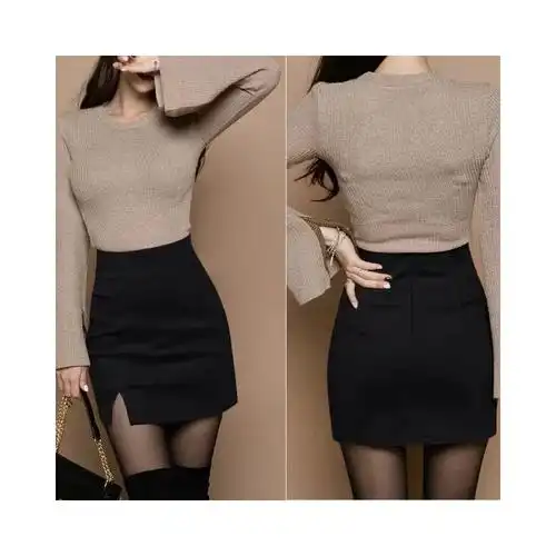 包臀裙秋冬短裙女性感紧身半身裙短款显瘦高腰毛呢裙子开叉一步裙