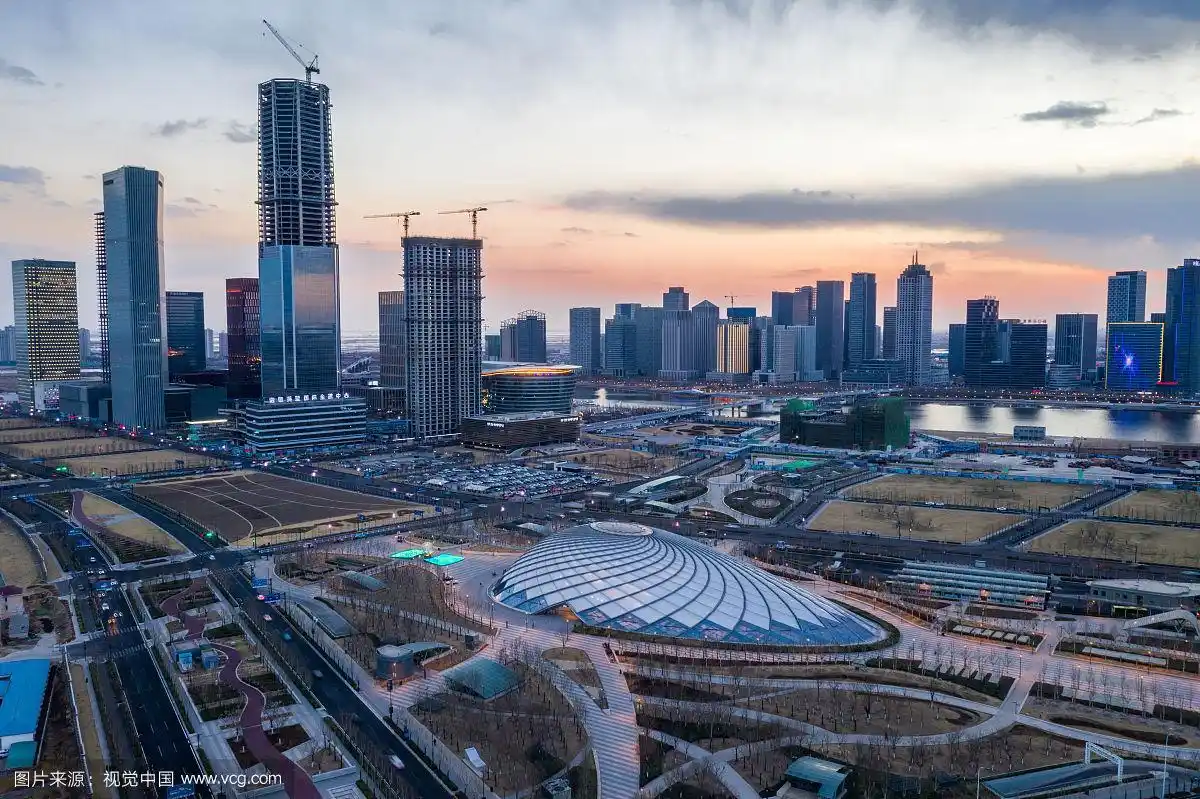 航拍天津滨海新区于家堡中心商务区