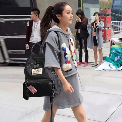 赵丽颖明星同款真皮双肩包女包徽章背包学生书包旅行包潮一件代发