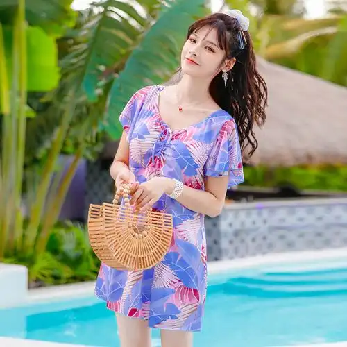 大码泳衣女连体遮肚显瘦遮肉大胸200斤胖mm长裙保守温泉镂空露背 黑色