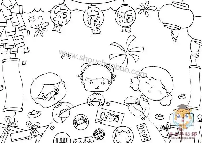 小学生适用春节手抄报简笔画红色卡通年夜饭手抄报新年年夜饭年夜饭手