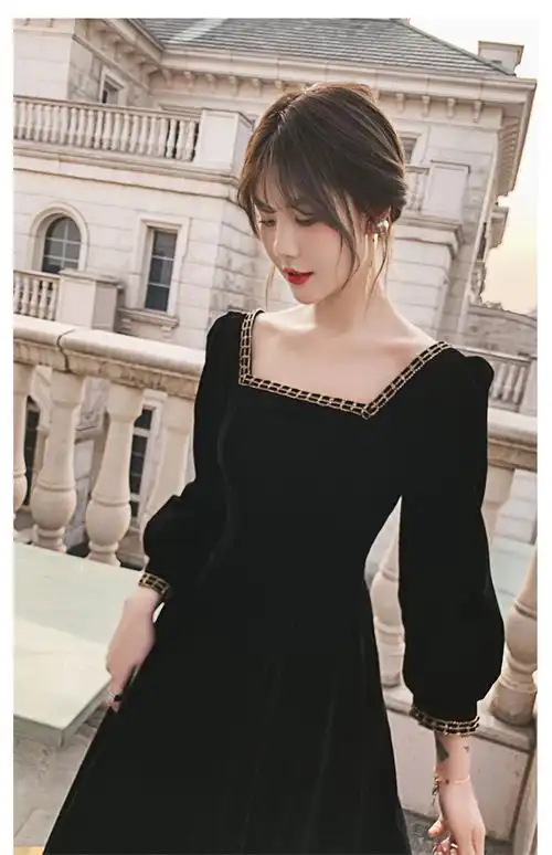 法式年会晚礼服女2022新款高端黑色气质轻奢主持人连衣裙平时可穿