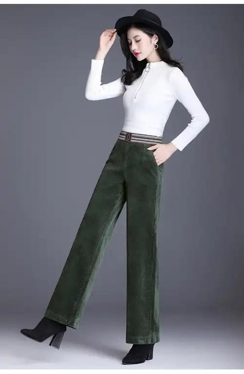 灯芯绒阔腿女裤秋冬长裤韩版休闲弹力百搭直筒裤 al9571