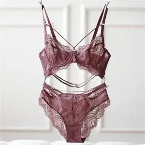 女士文胸性感蕾丝超薄杯聚拢上托收副乳透明少女透视内衣套装大码