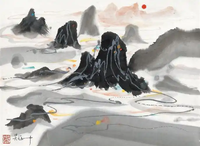 《旭日红染万重山》约作于1980年代中期,正值吴冠中水墨画进入创作