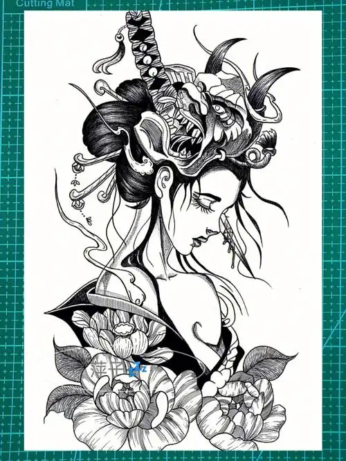 黑白线描人物装饰画手绘艺妓