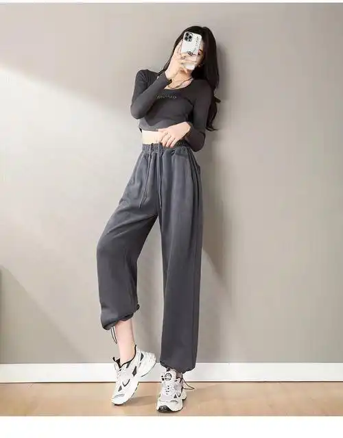 美式灰色运动裤女秋季宽松显瘦高腰阔腿抽绳休闲束脚卫裤直筒裤子