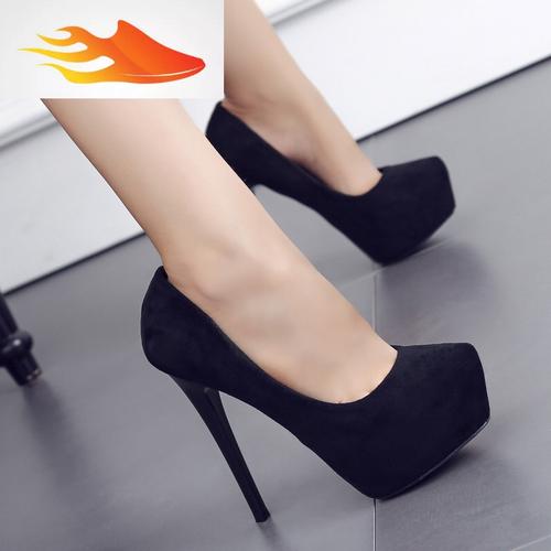 fish basket13cm黑色超高跟鞋ol防水台女鞋子绒面细跟单鞋性感尖头