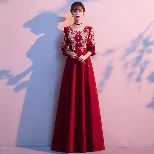 敬酒服新娘2021新款冬季长袖红色修身长款结婚晚礼服女复古中国风