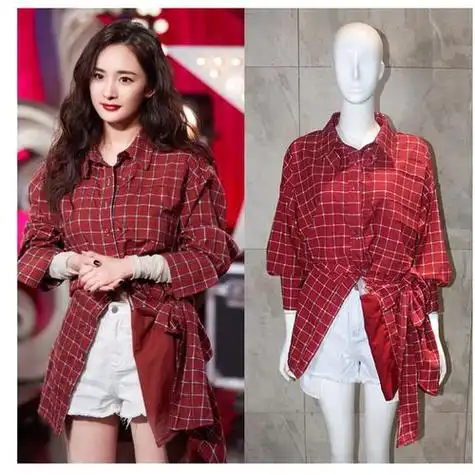 之四杨幂同款衣服红色格子衬衫女长袖宽松中长款小众设计感中国达人秀