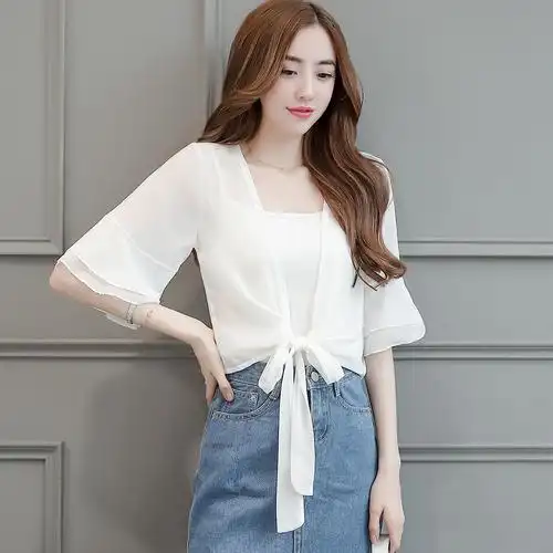 2018夏季新款胖m喇叭袖开衫系带雪纺小披肩外套女短款薄款防晒衣
