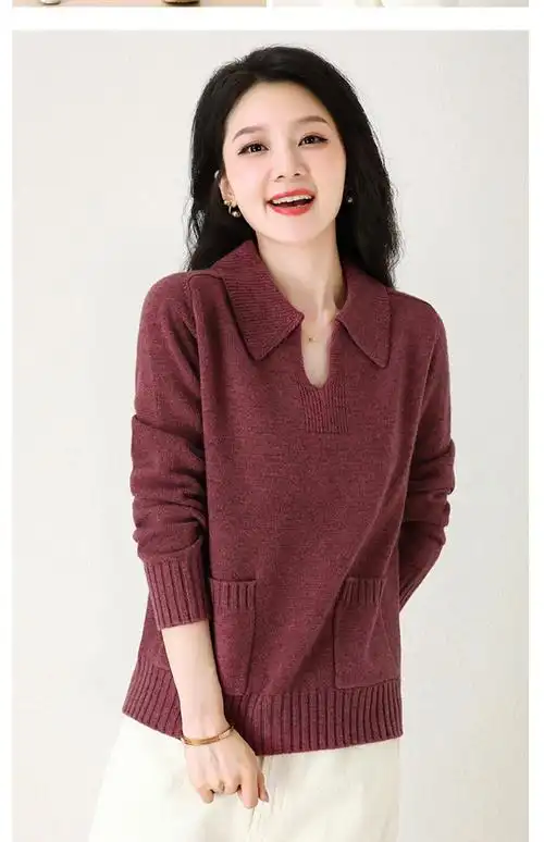 恒源祥官方旗舰女装店翻领羊毛衫女春秋装2022新款百搭宽松洋气纯色