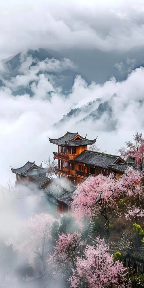 云海浮村:长焦镜头下的桃花仙境