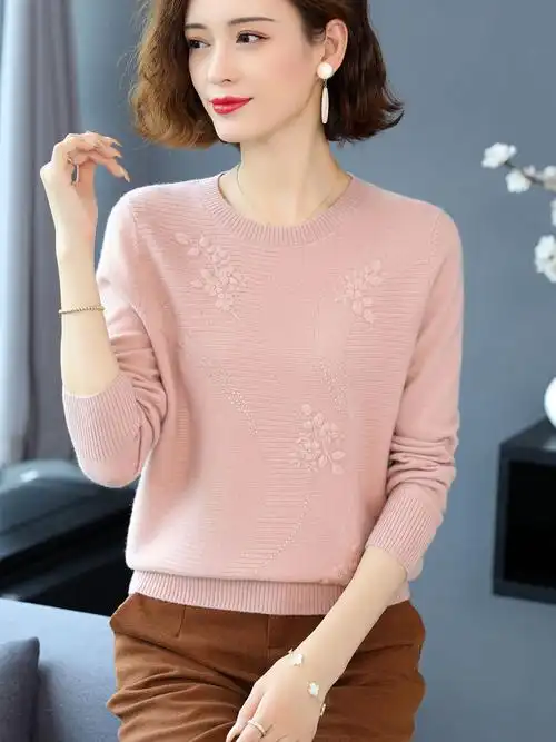 秋冬新款100纯羊毛衫女宽松套头针织打底衫软糯毛衣中年妈妈上衣