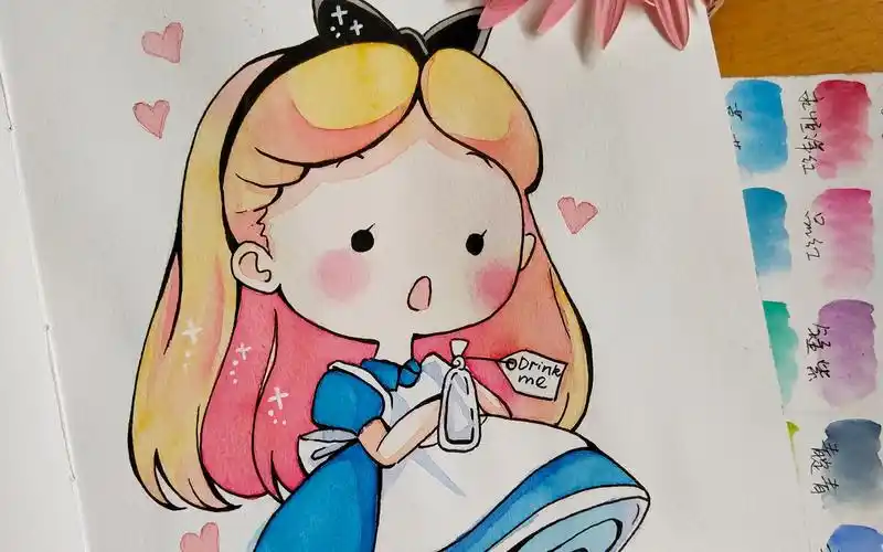 水彩超萌超简单画个q版爱丽丝很很很适合新手啦