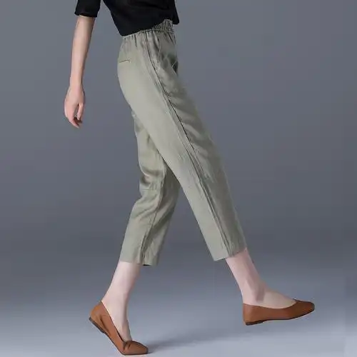 绿色亚麻裤子女夏