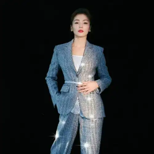 新明星刘涛同款银色闪亮千鸟格西装套装女气质英伦风时尚气质西服