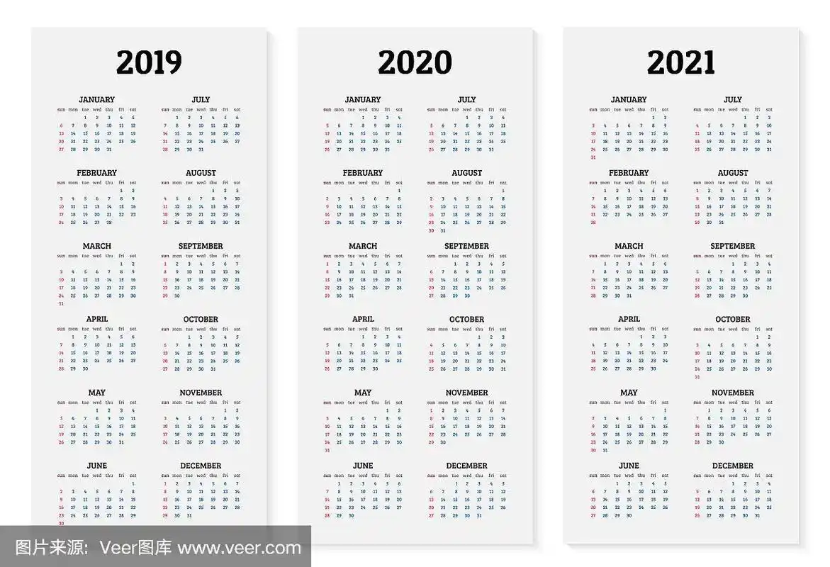 年度日历2019年,2020年和2021年模板.矢量图