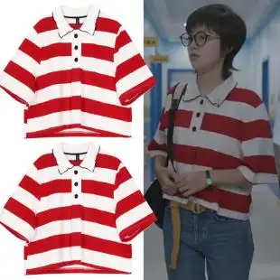 dolli少年派同款林妙妙同款t恤短袖红色条纹宽松短款上衣服纯棉赵