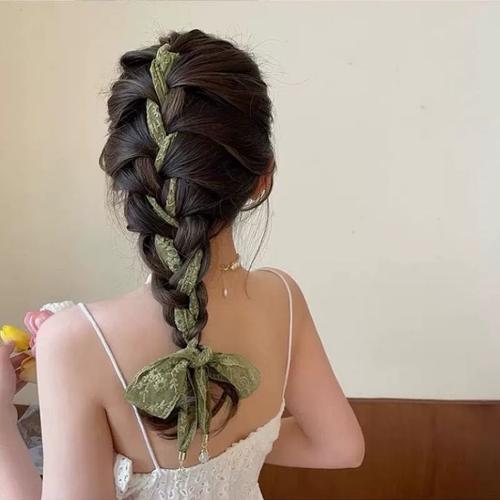 网红超仙森系温柔蕾丝细长条发带复古做旧编发丝巾麻花辫子潮流女