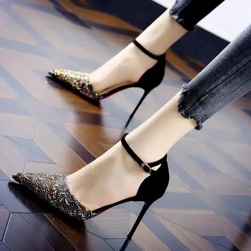 水钻铆钉拼色尖头高跟鞋女2024春新款中空一字带夜店时尚细跟单鞋