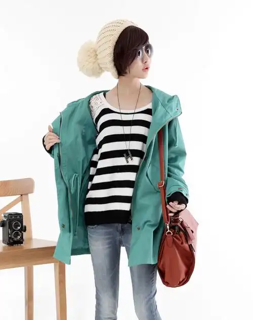 女款薄荷色纯色中长款风衣