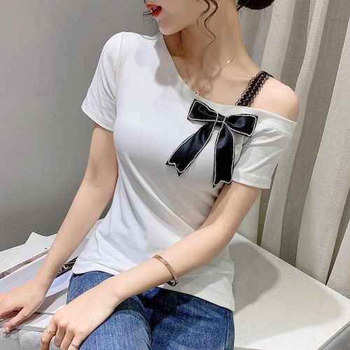 2021夏装新款性感露肩恤女短袖设计蝴蝶结上衣t恤