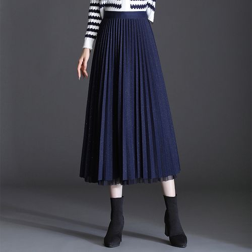 藏蓝色半身裙女秋冬款百褶高腰a字裙胖mm遮跨长裙高端网纱半裙秋