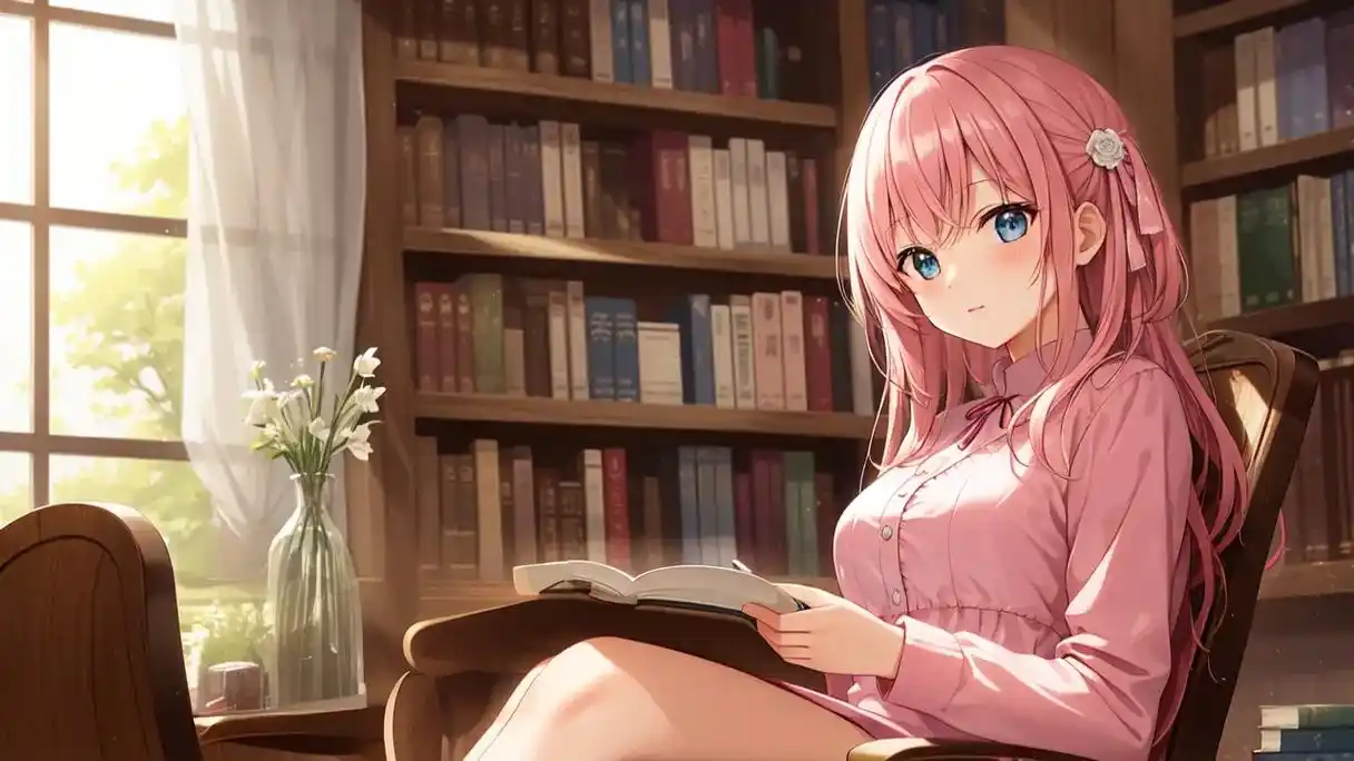 动漫女孩-图书馆.图书馆的安静与书香弥漫.一位女子静静坐在窗 - 抖音