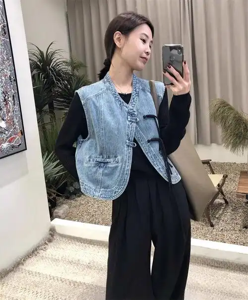 韩版新中式复古高级感蓝色牛仔马甲女盘扣坎肩马夹背心 - 17网