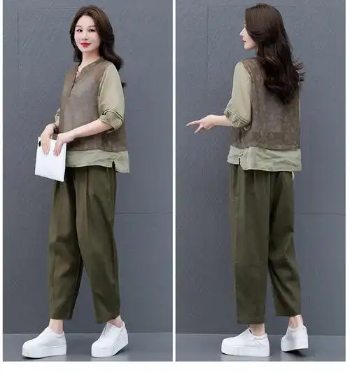 苎麻休闲套装女夏2024新款大码中年妈妈小个子洋气减龄棉麻两件