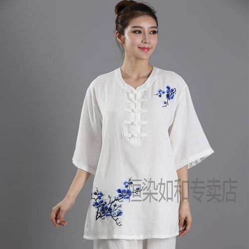太极服短袖上衣 夏季短袖太极服 太极服女亚麻棉麻刺绣绣花夏季新