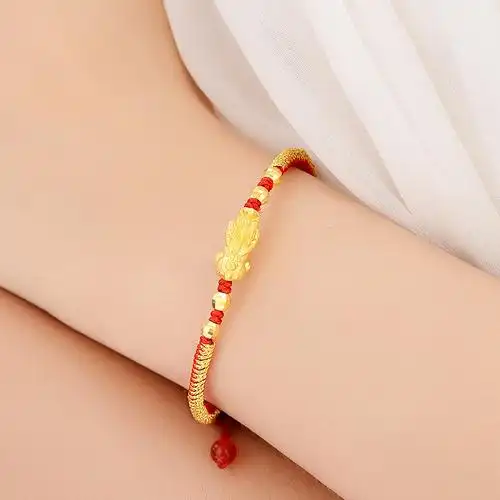 蒂蔻貔貅黄金手链男女款本命年足金圆珠编织红绳3d硬金手饰自戴新年