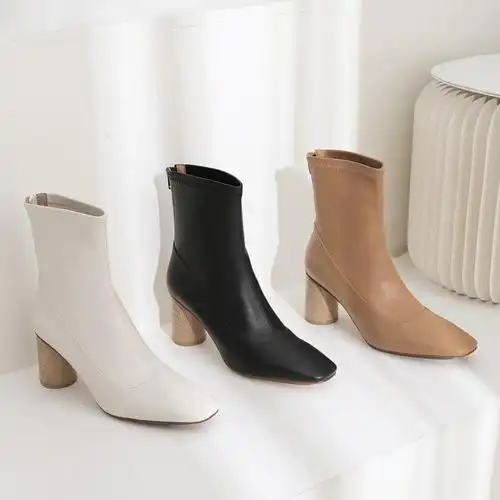 欧美秋冬季方头短靴粗跟圆跟高跟鞋真皮女靴子卡其杏色白色女鞋子