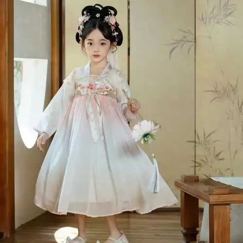 春款汉服女童刺绣桃花渐变儒裙儿童古风精品汉服儿童新款汉服儒裙