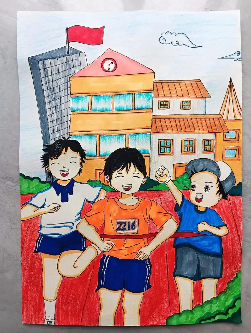 校园运动会主题画,体育运动主题画#一起学画画 #运动会主题画 - 抖音