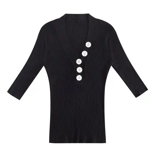 淘宝【年后发货】v领纽扣中袖修身针织衫女