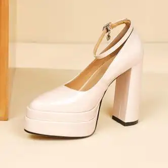 零度e族125cm漆皮台超高跟鞋粗跟时尚尖头一字扣带单鞋百搭显瘦女鞋米