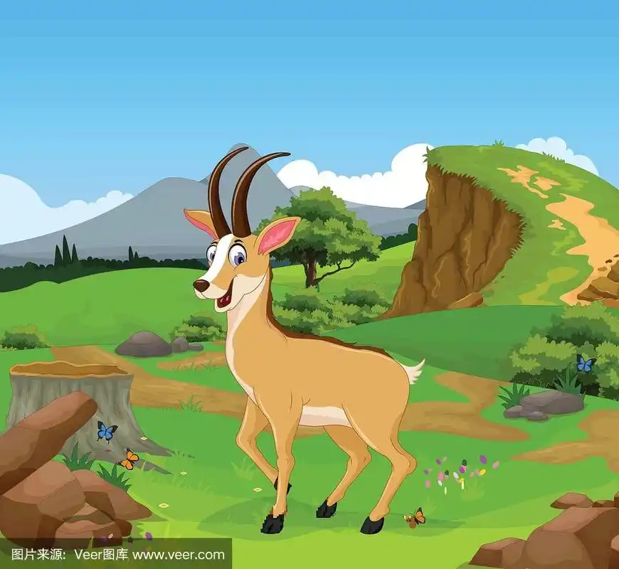 有趣的羚羊卡通在丛林与景观背景
